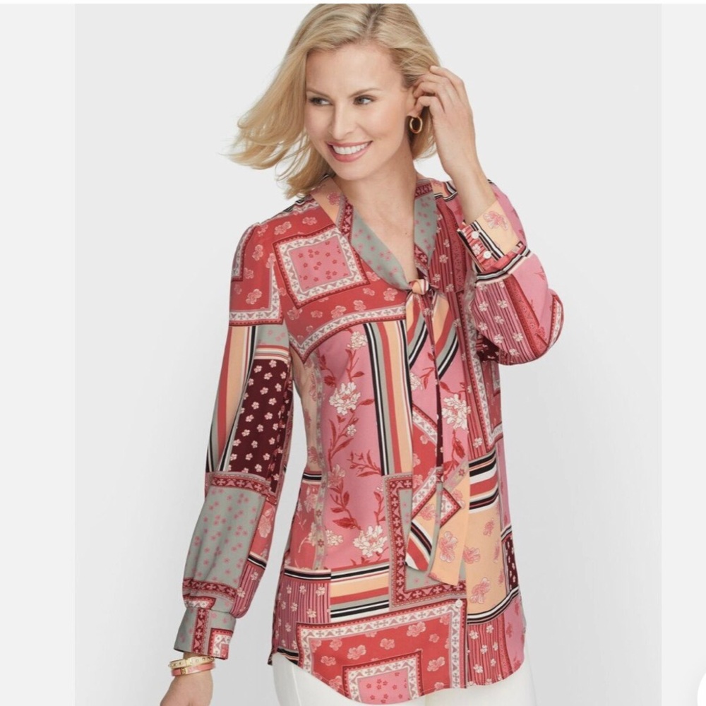Talbots Patchwork Neck Tie Blouse - image 1